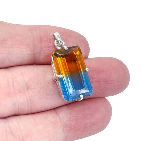 Vintage Sterling Silver 925 Orange Blue Ametrine Emerald Cut Pendant - Picture 1 of 7